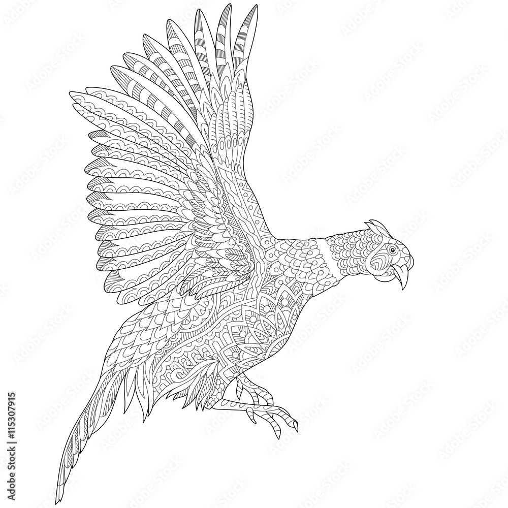 Zentangle stylized cartoon flying pheasant bird cock hen phoenix hand drawn sketch for adult antistress coloring book page t
