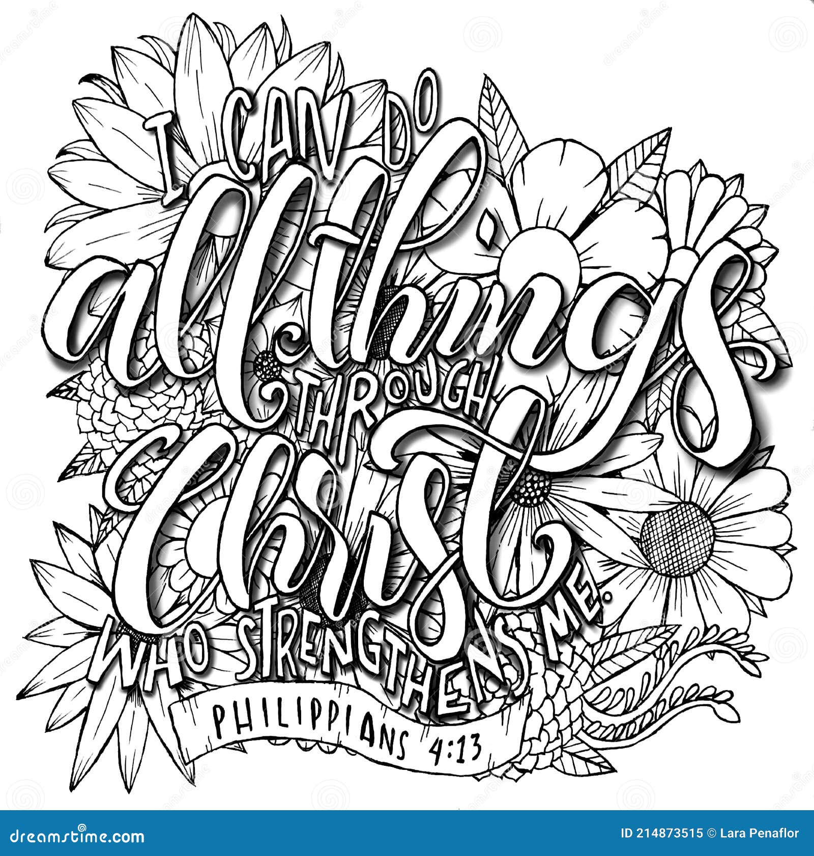 Philippians bible verse black and white illustration pen art calligraphy lettering stock illustration