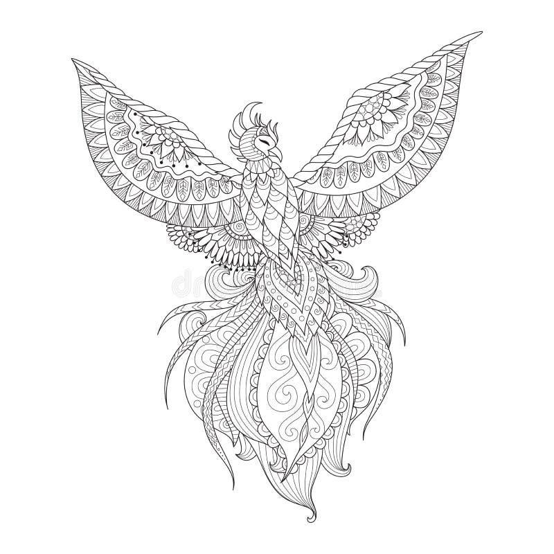 Zendoodle design of phoenix bird for tattoo t shirt design adult coloring book page and other design element stock vector stock vector