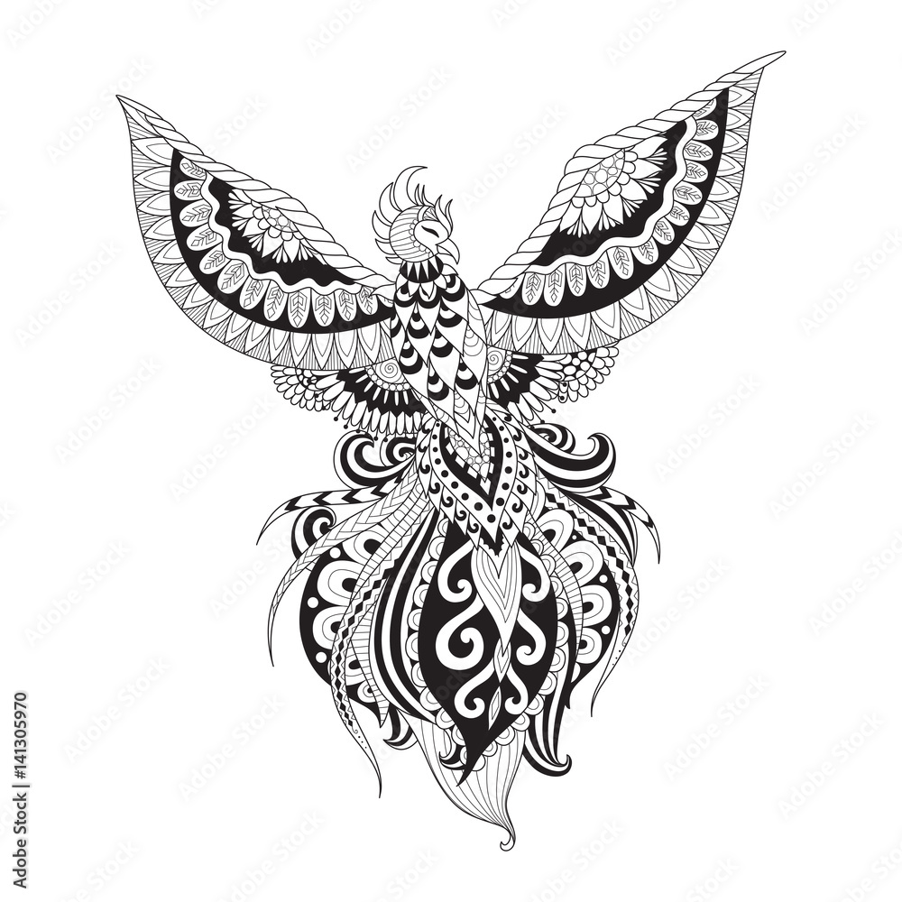 Zendoodle of phoenix bird for design element and adult coloring book page vector illustration vector