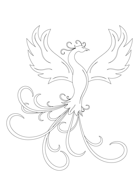 Premium vector black and white phoenix bird vector illustration coloring page of phoenix bird