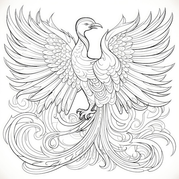 Premium ai image black and white coloring picture of a magic phoenix bird