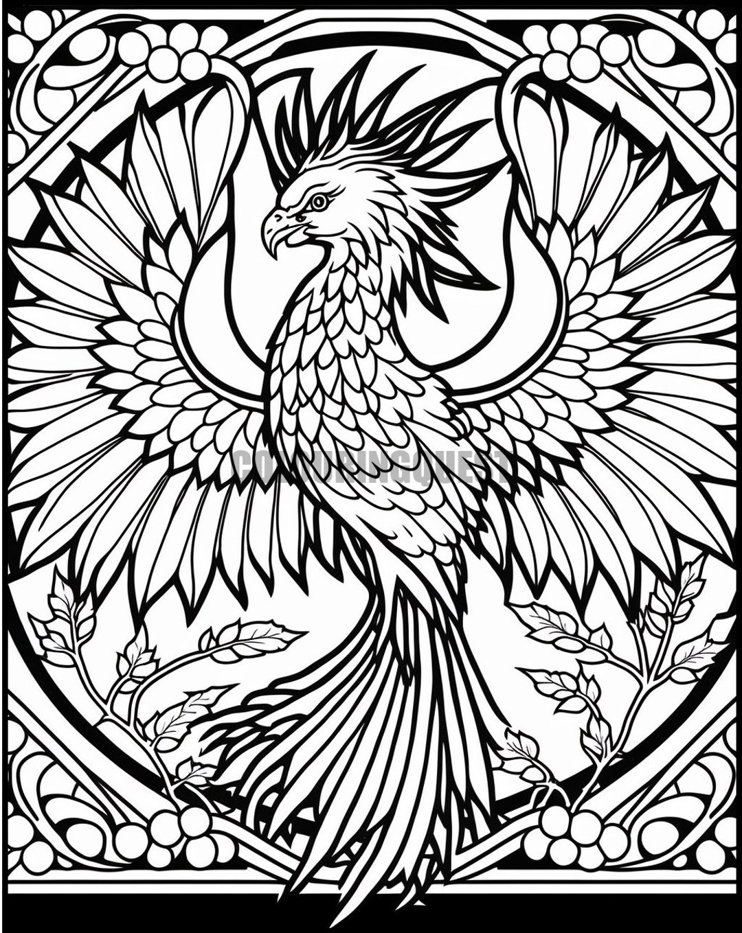 Phoenix stained glass window printable adult coloring page from colouringquest coloring book pages for adults coloring pictures for kids