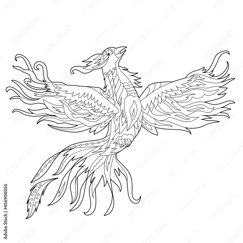 Contour linear illustration for coloring book with decorative phoenix beautiful fancy bird anti stress picture line art design for adult or kids in zen