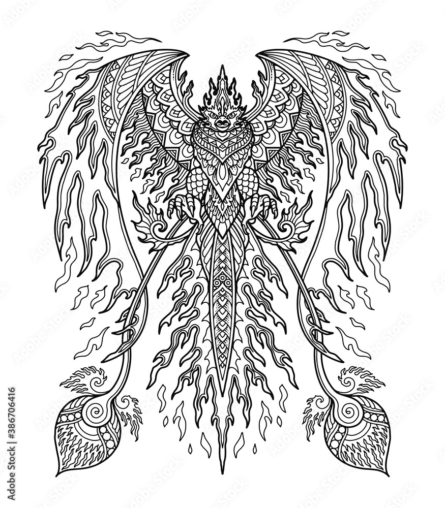 Phoenix mandala design for coloring book or t shirt design print vector