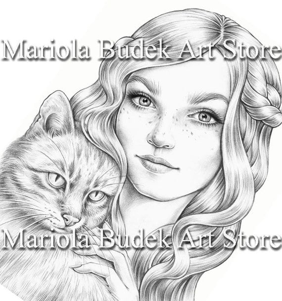 Cathrina mariola budek premium coloring page printable adult colouring pages book instant download grayscale illustration pdf