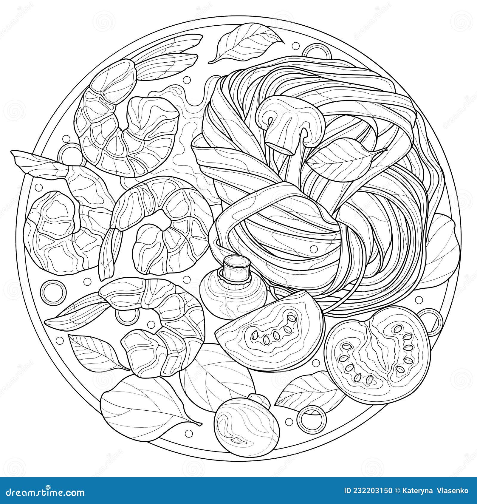 Pasta with shrimp mushrooms and basilfettuccinefoodcoloring book antistress adults stock vector