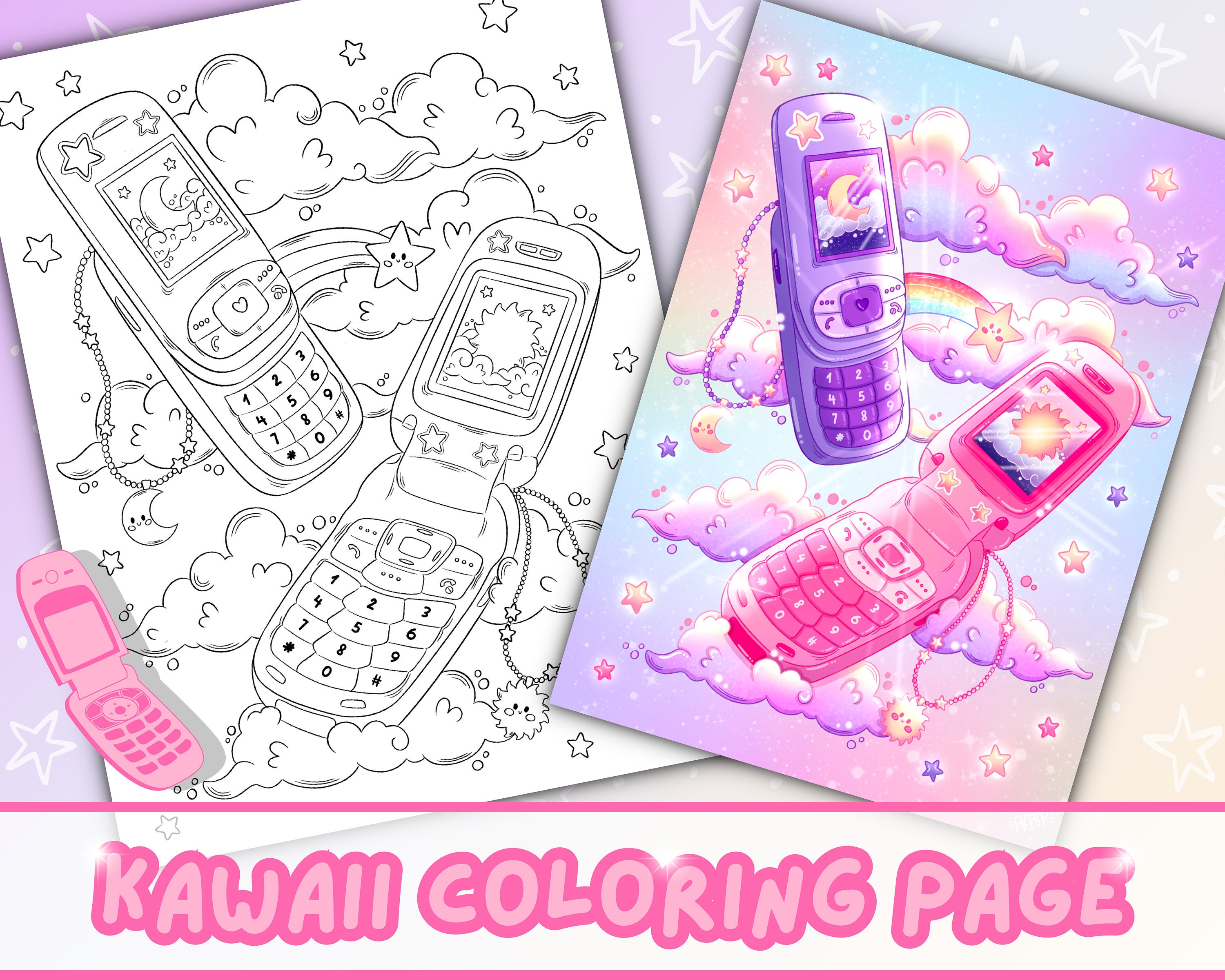 Flip phone kawaii coloring page cute coloring page cute kawaii aesthetic instant download coloring pages