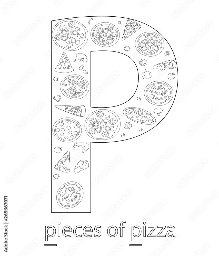 Black and white alphabet letter p phonics flashcard cute letter p for teaching reading with cartoon style pieces of pizza coloring page for children vector