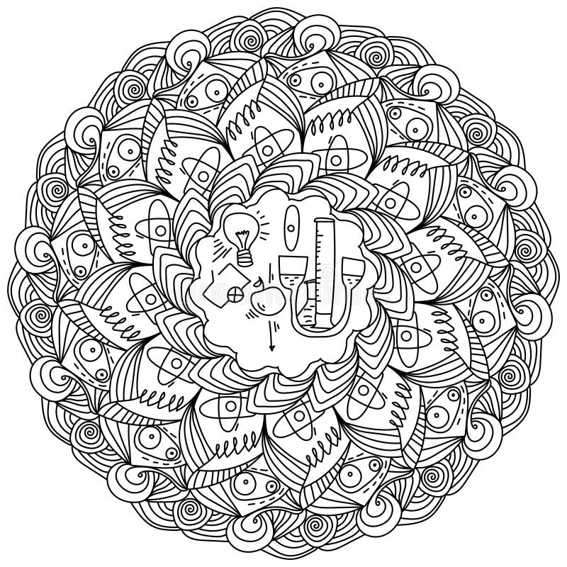 Mandala on a scientific theme ornate coloring page with different motives from physics stock vector