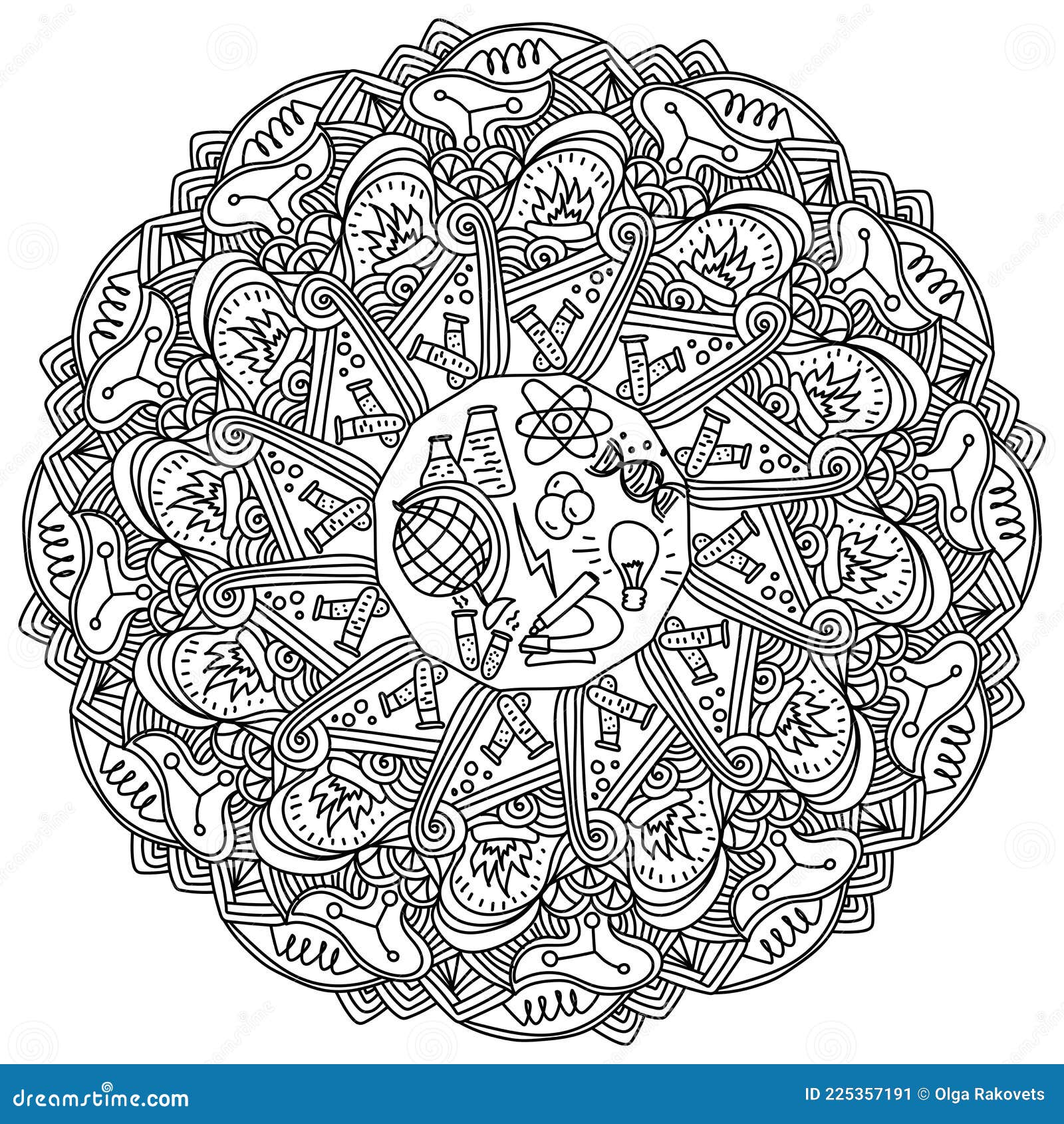 Mandala school science antistress coloring book page with science equipment school items and fantasy motives stock vector