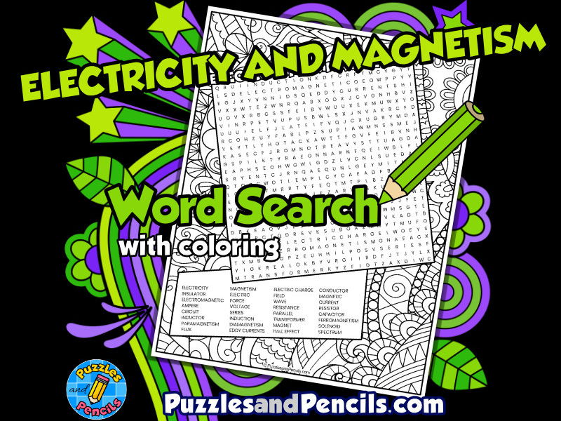 Electricity magnetism word search puzzle activity with colouring physics teaching resources