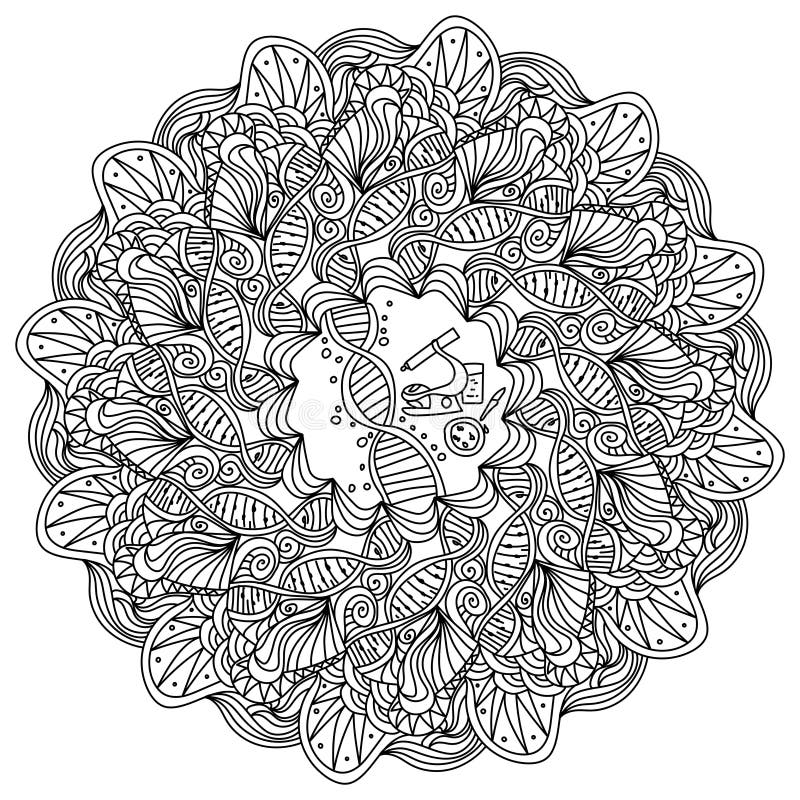 Mandala on a scientific theme ornate coloring page with different motives from physics stock vector