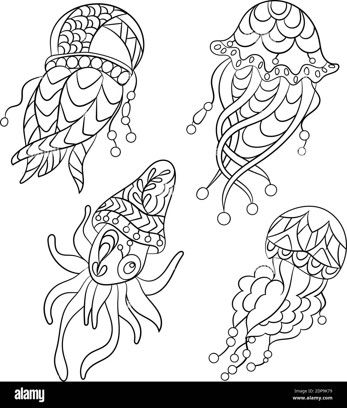 Coloring pages in vector graphic illustration for children and adults with ocean animals such as jellyfish plankton and others stock vector image art