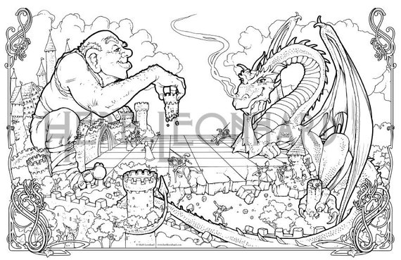 Dragon chess herb leonhard adult coloring page fantasy nouveau coloring book page digital coloring page instant pdf download download now