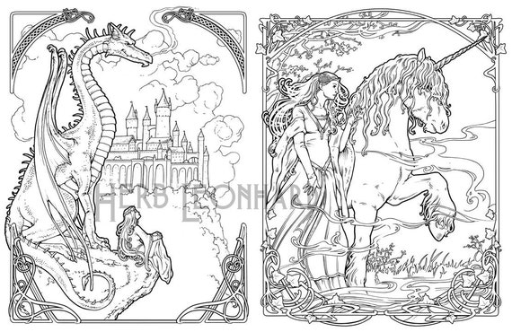 Dragon cliff unicorn princess herb leonhard adult coloring page fantasy nouveau coloring book page digital coloring page pdf download