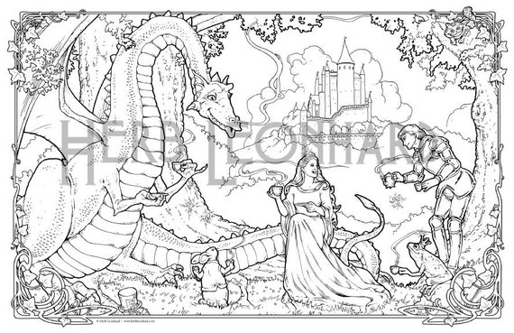 Dragon tea party herb leonhard adult coloring page fantasy nouveau coloring book page digital coloring page instant pdf download