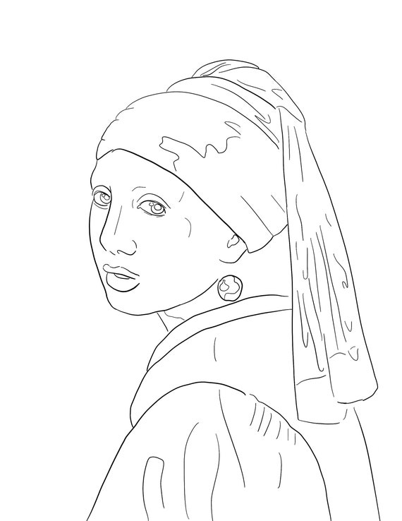 Girl with a pearl earring coloring book page printable digital download x size