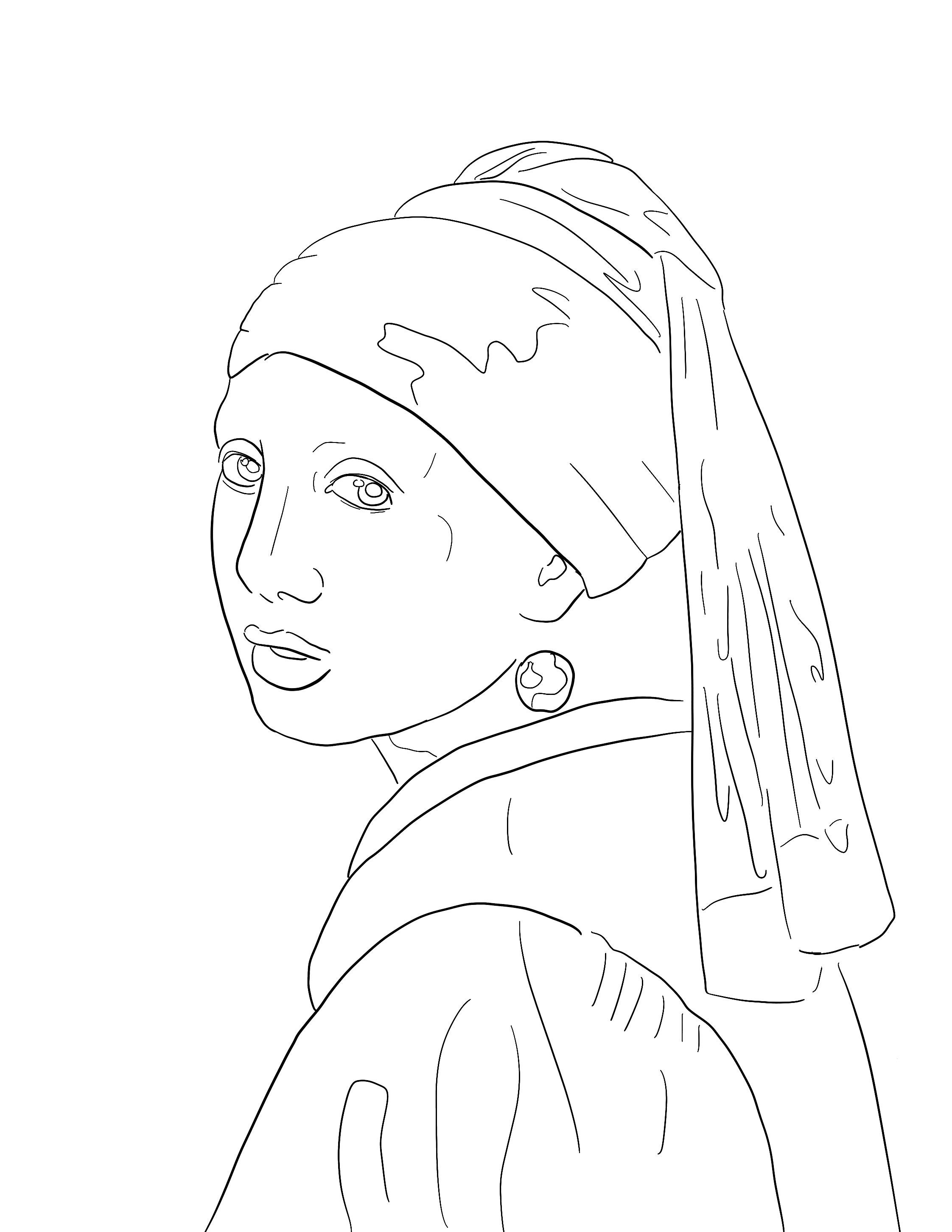 Girl with a pearl earring coloring book page printable digital download x size