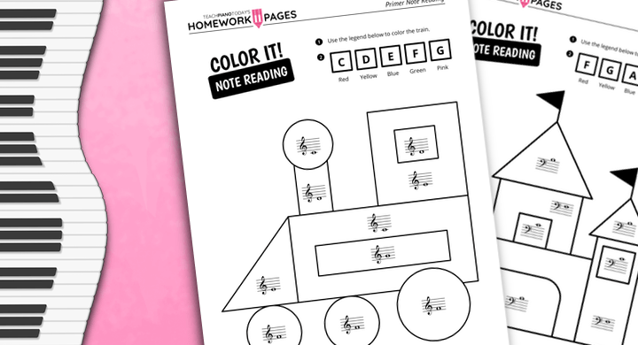 Note reading coloring pages for primer piano kids
