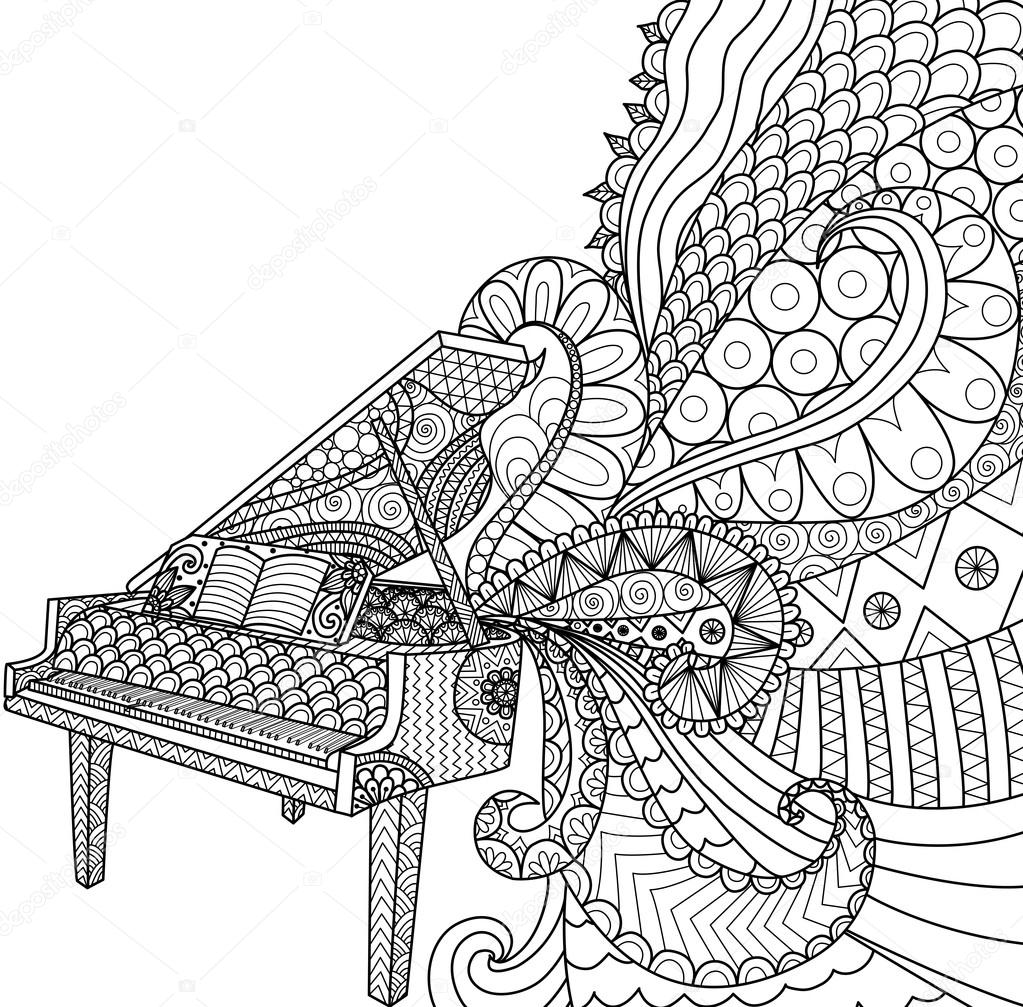 Doodles design of piano for coloring book for adult poster cards design element t