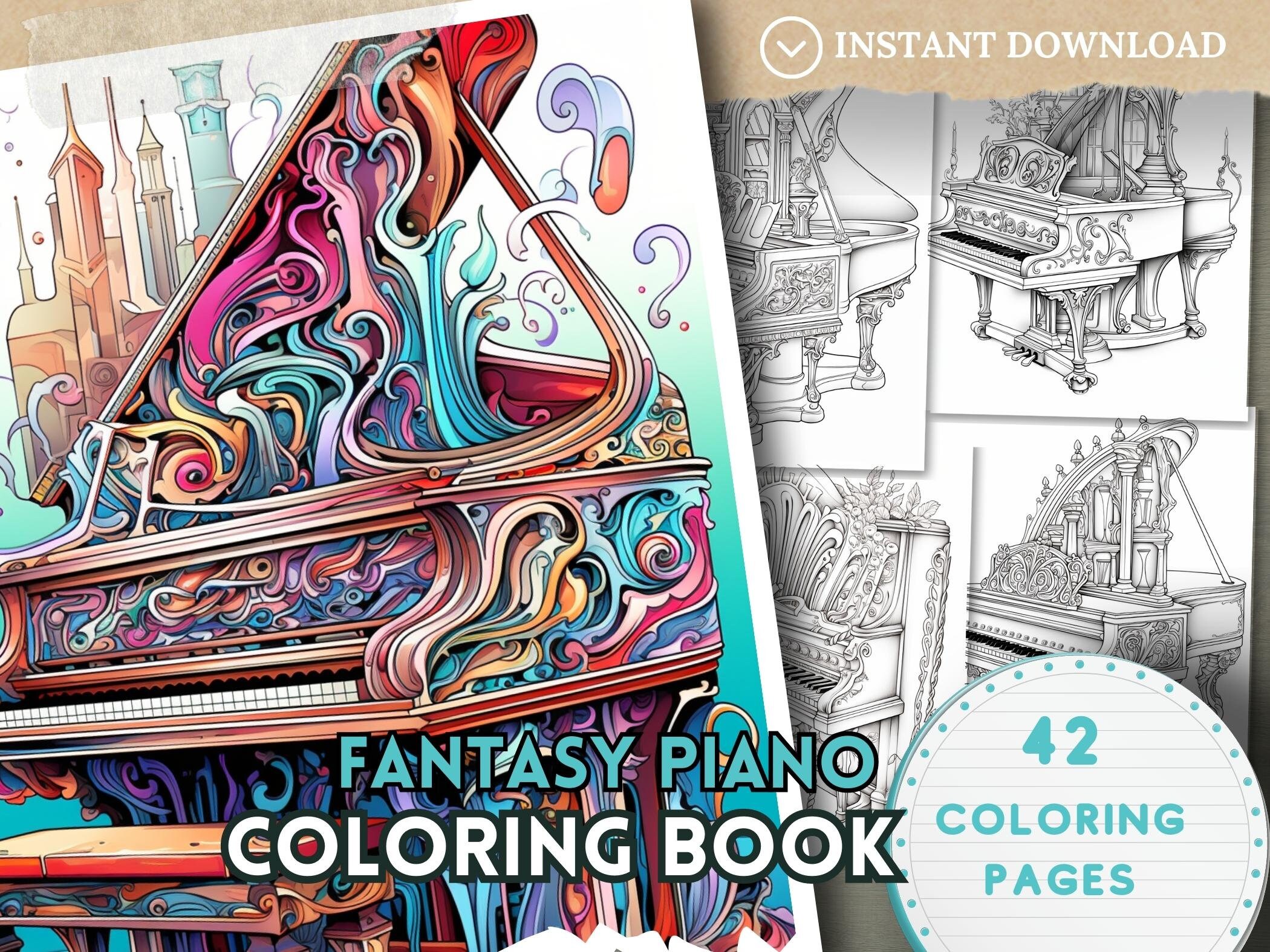 Enchanted fantasy piano coloring book adults coloring pages instant download grayscale coloring book printable pdf file