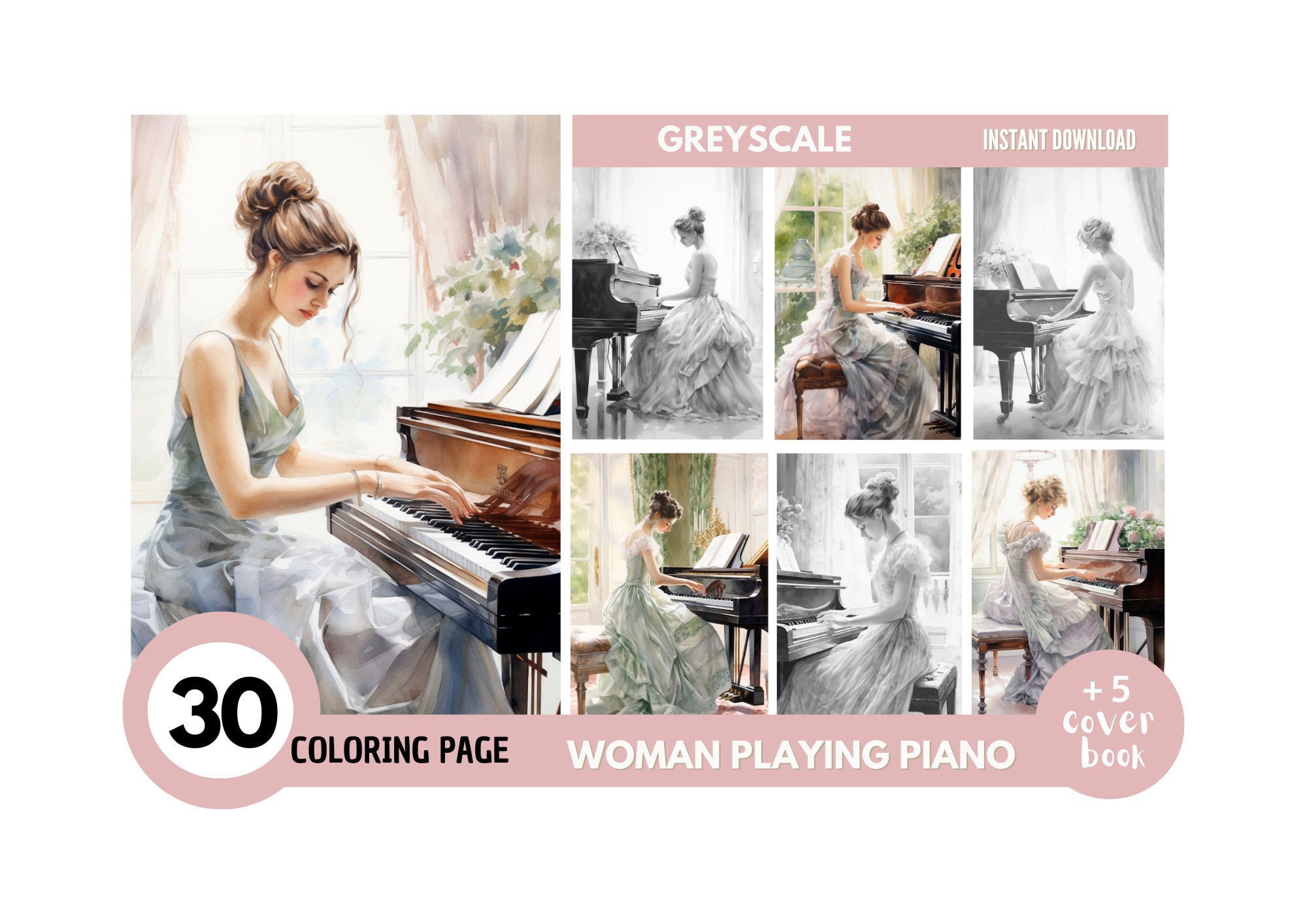 Woman playing piano coloring book adults coloring pages instant download grayscale coloring book printable pdf file