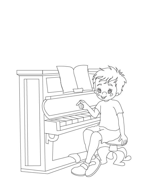 Fun boy playing piano coloring page