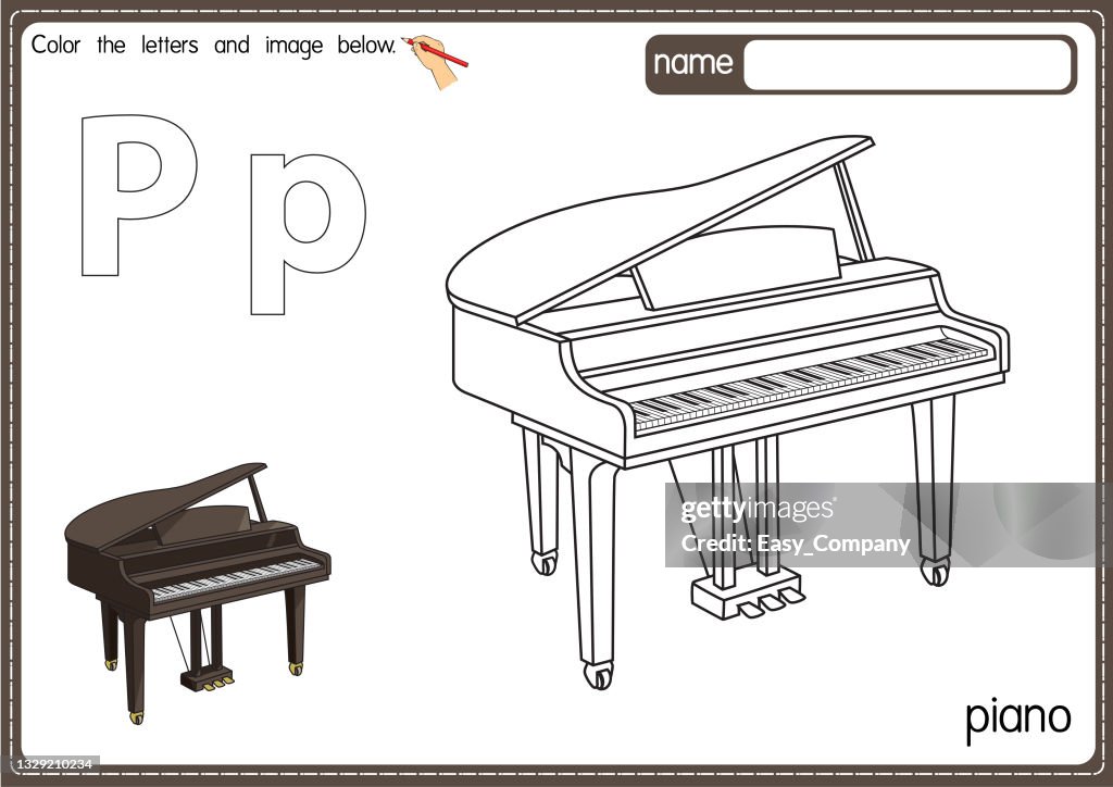 Vector illustration of kids alphabet coloring book page with outlined clip art to color letter p for piano high