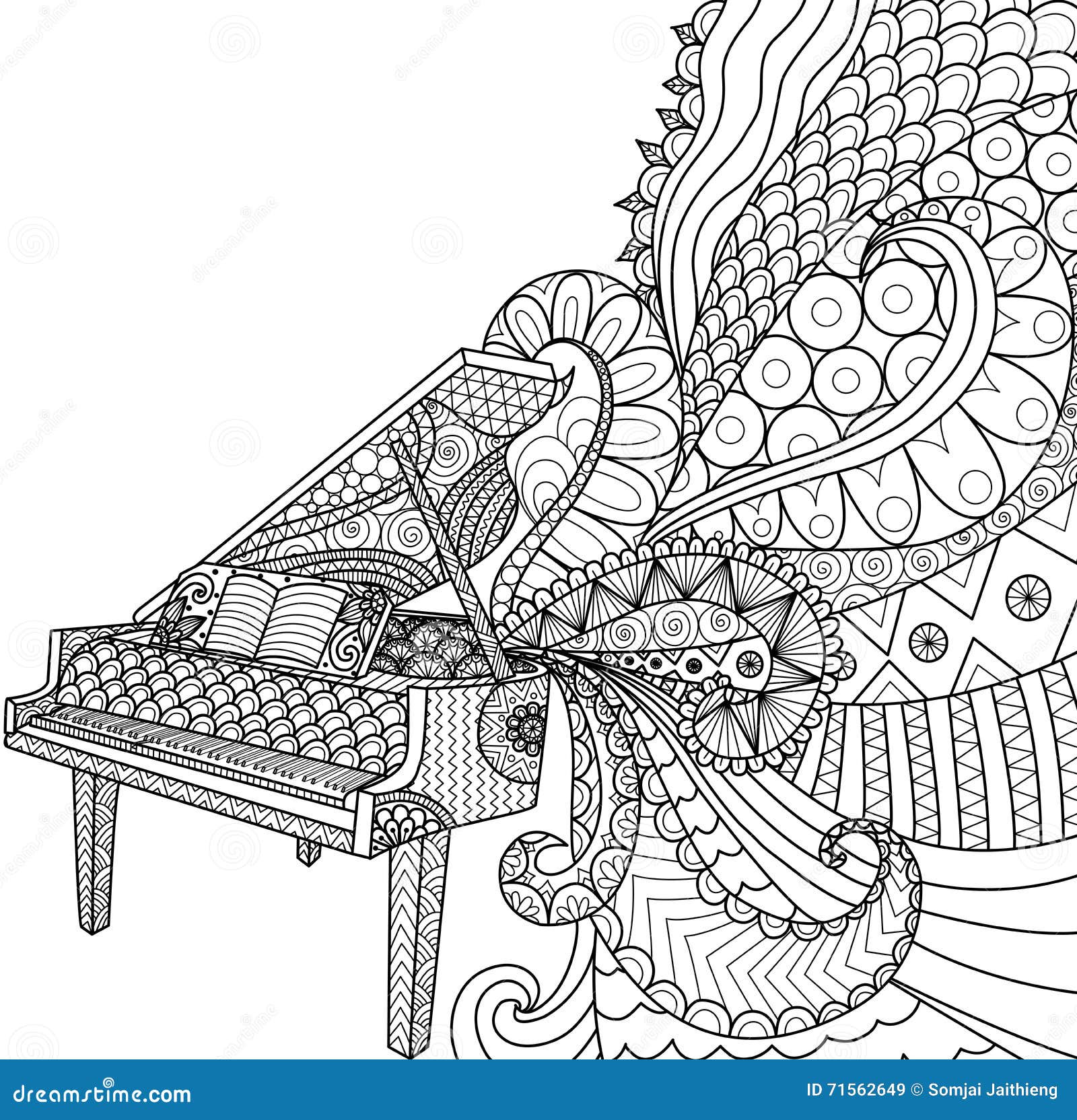 Doodles design of piano for coloring book for adult poster cards design element t
