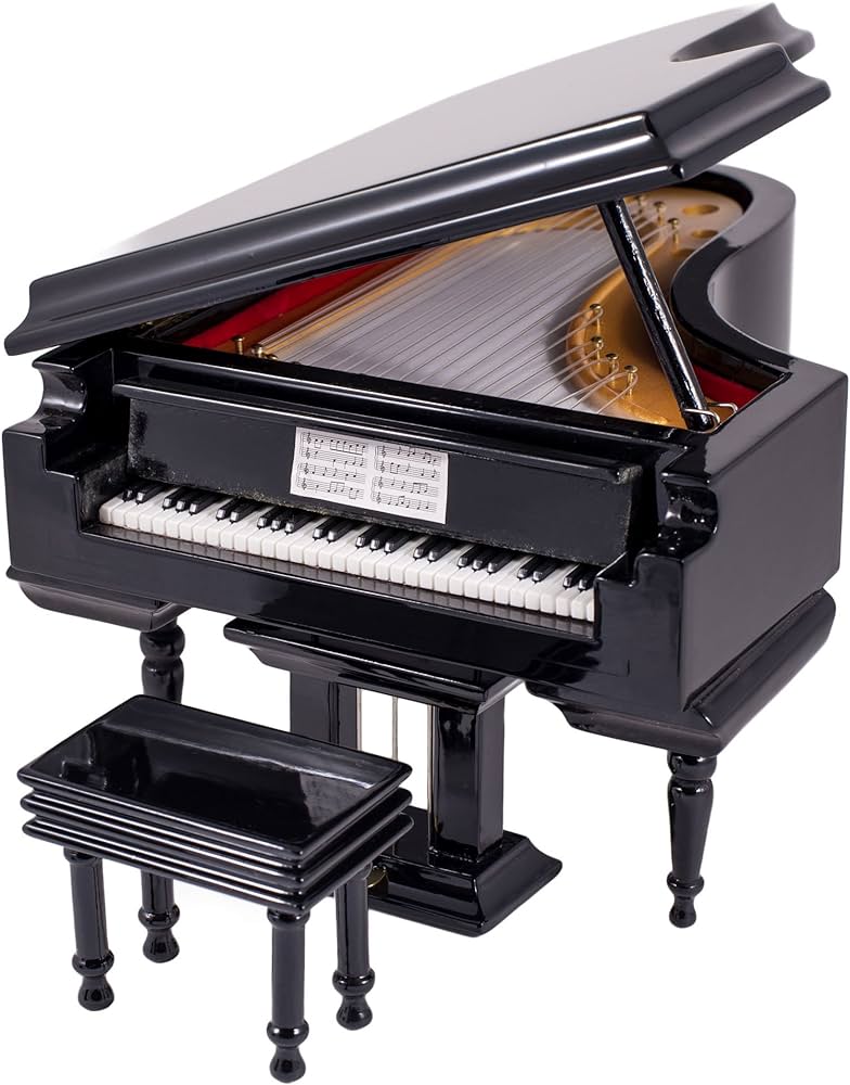 Broadway gifts black baby grand piano music box with bench and black case