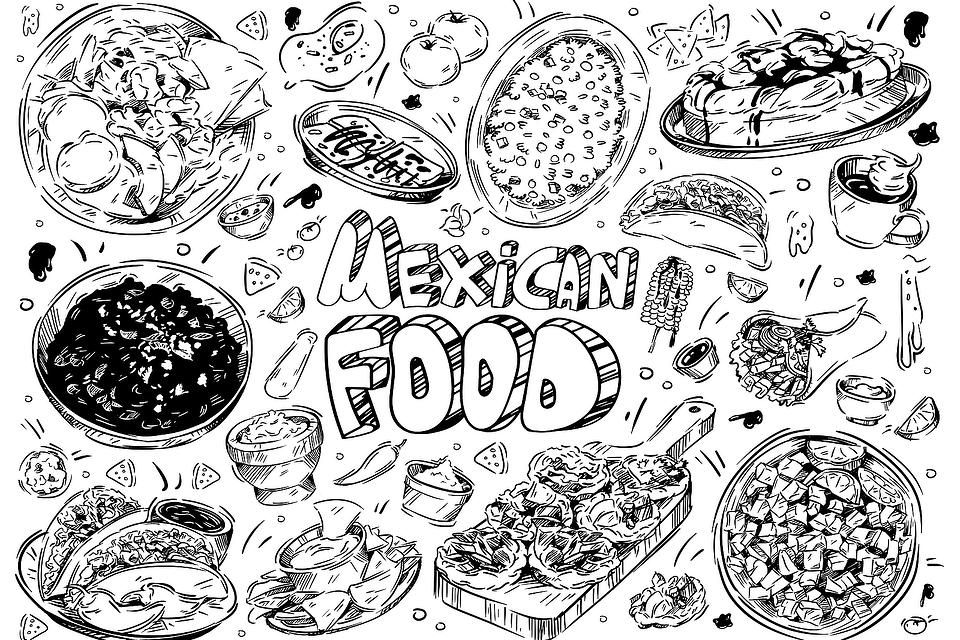 Mexican food coloring pages free printable coloring pages of tacos burritos queso guacamole more printables seconds mom food coloring pages mexican food recipes burritos