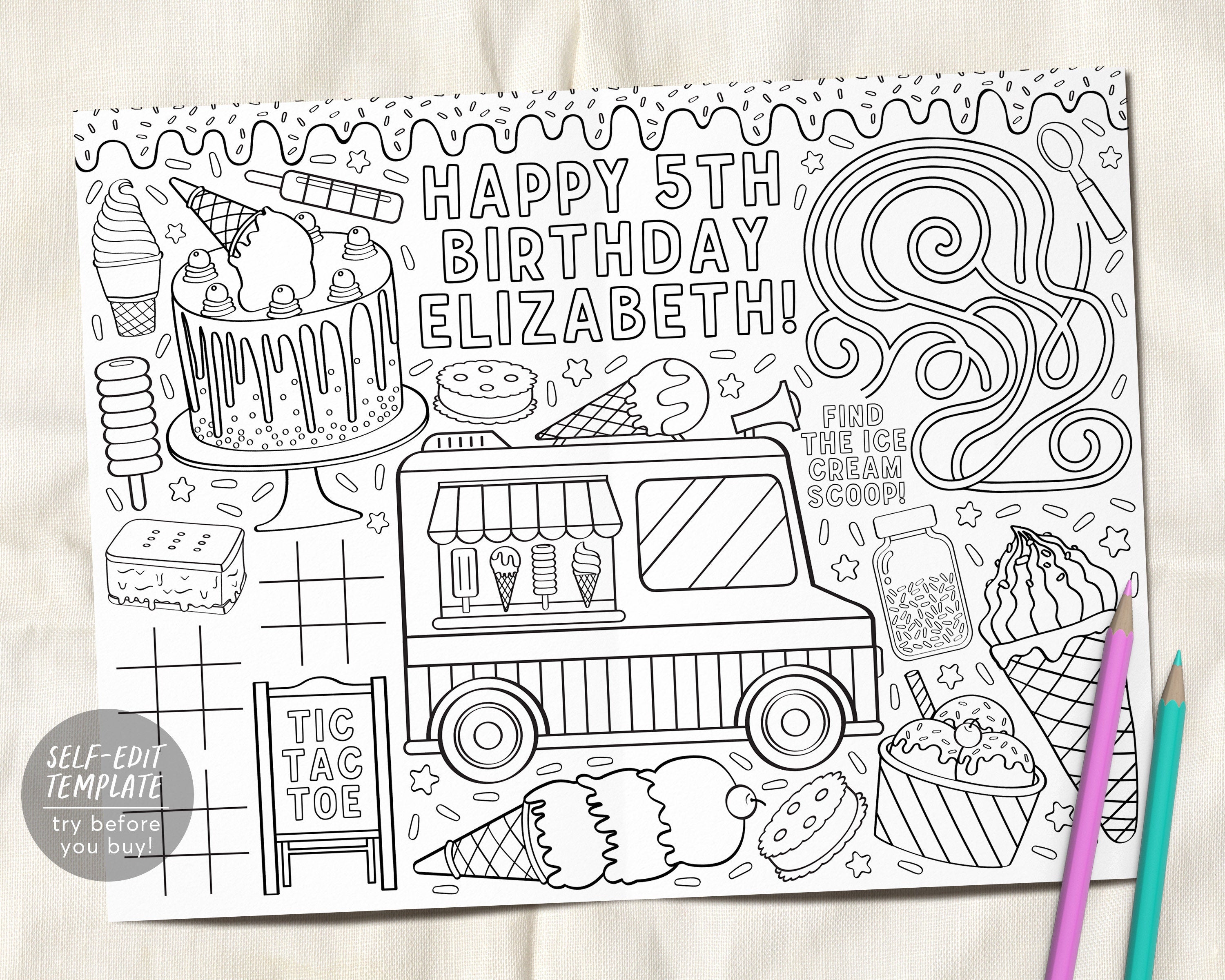 Ice cream birthday party coloring placemat for kids editable template â puff paper co