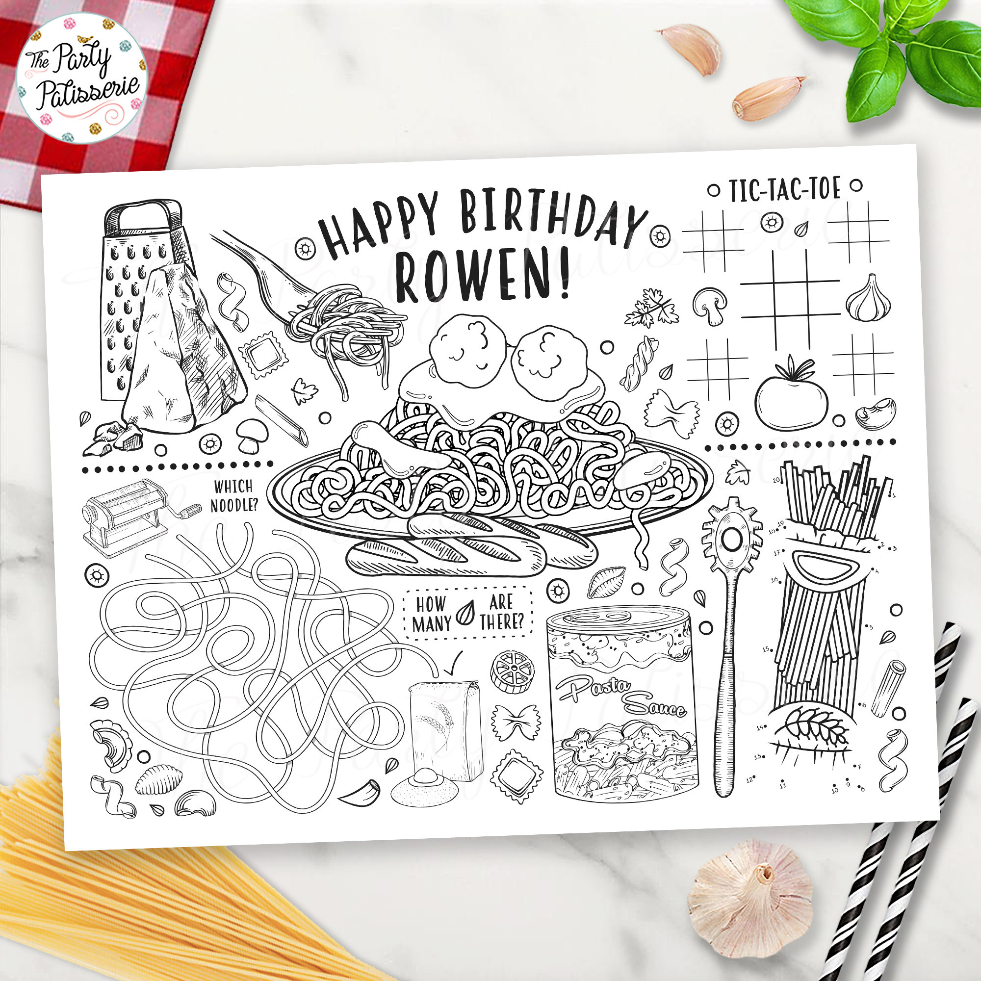 Printable spaghetti coloring placemat pasta party personalized digital file printable custom cooking party sleepover activity mat