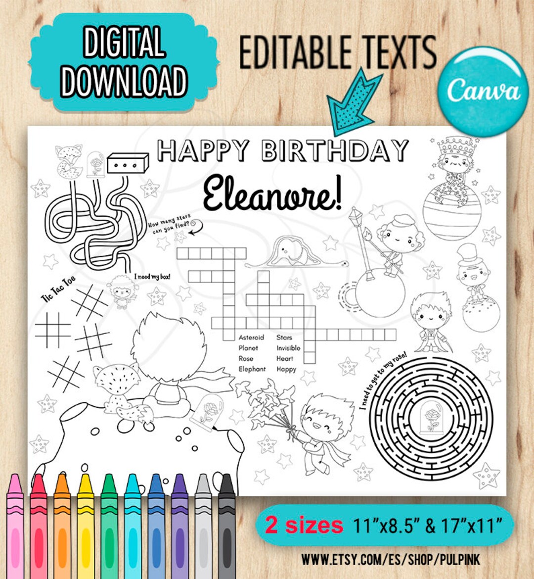 Space boy coloring placemat template editable with canva download printable template two sizes letter and tabloid editable texts