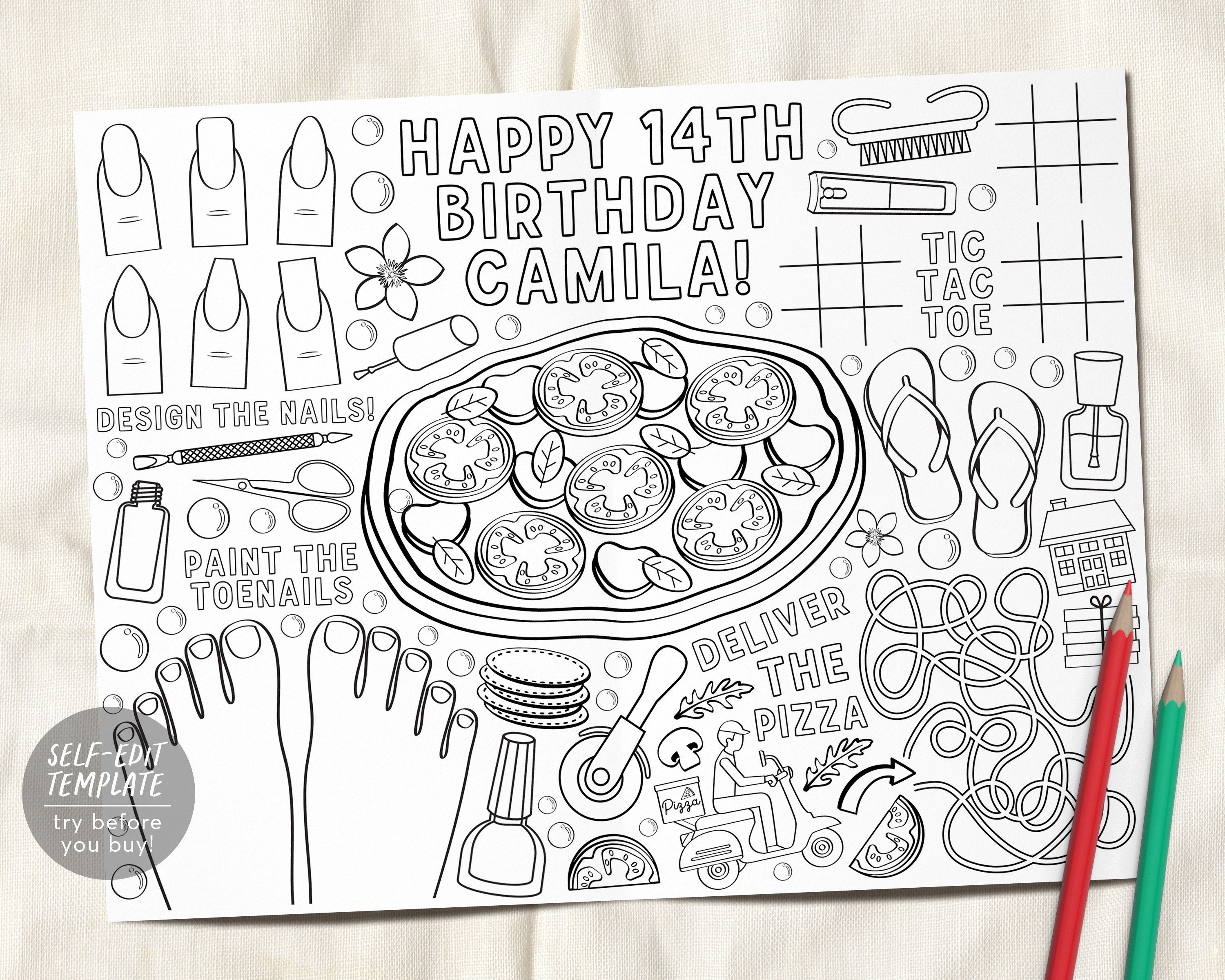 Manicures and pizza coloring placemat editable template pedicure mani â puff paper co