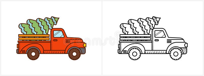 Christmas pickup truck coloring page for kids stock vector