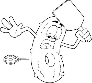 Premium vector outlined pickle cartoon character with a hole in his body from a pickleball ball going through him