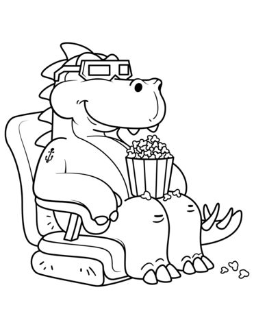 Click to see printable version of tyrannosaurus eating the popcorn in the cinema coloring page dinosaur coloring pages t