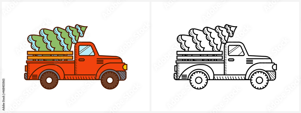 Christmas pickup truck coloring page for kids vector
