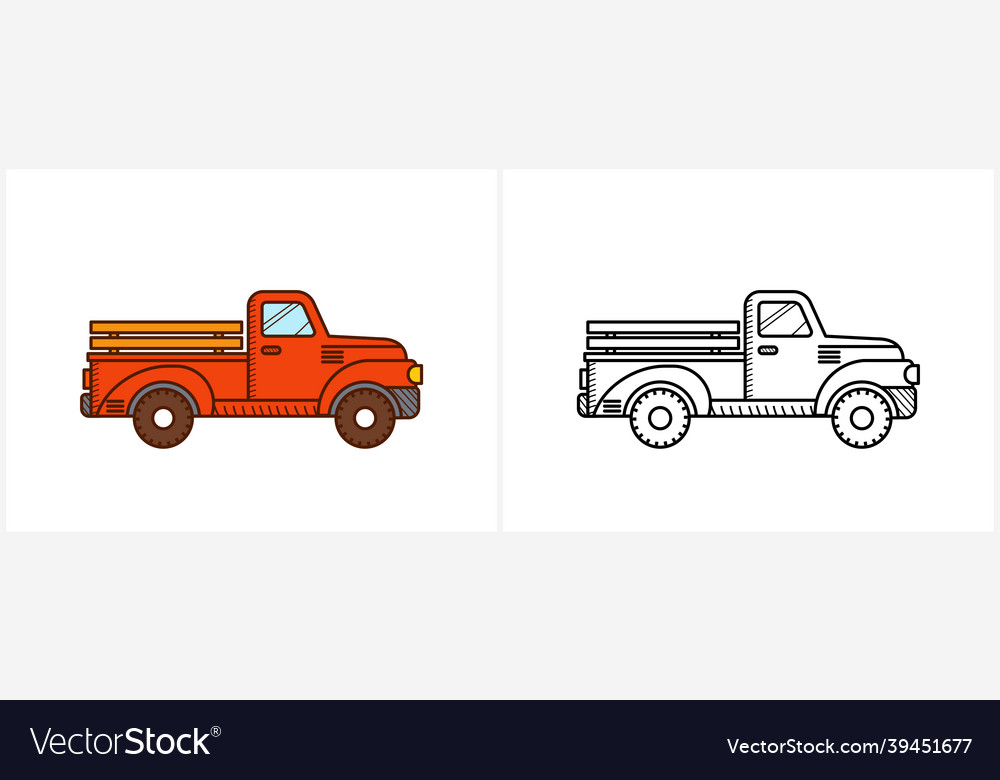 Retro red pickup truck coloring page for kids vector image