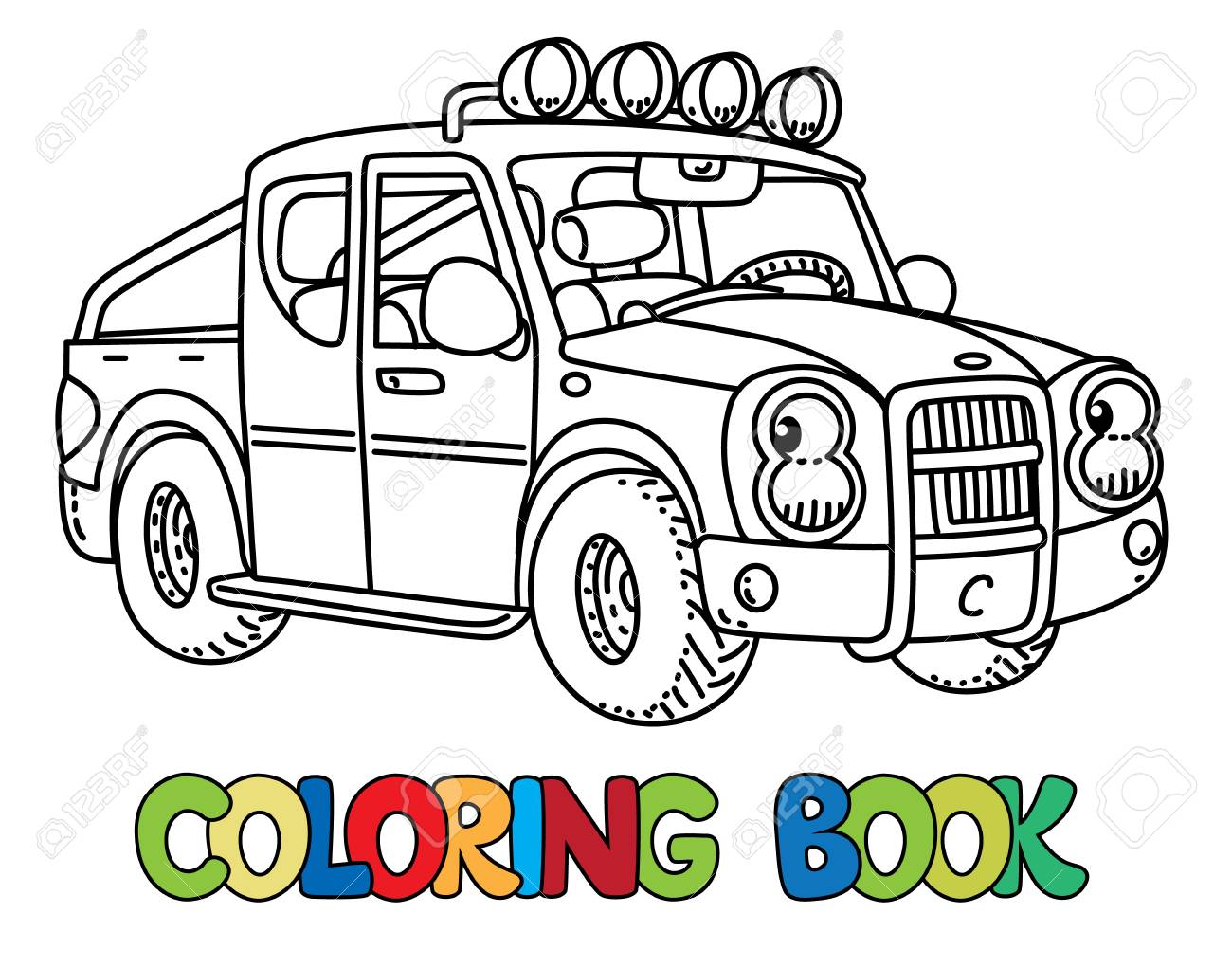 Pickup truck coloring book for kids small funny vector cute truck with eyes and mouth children vector illustration royalty free svg cliparts vectors and stock illustration image