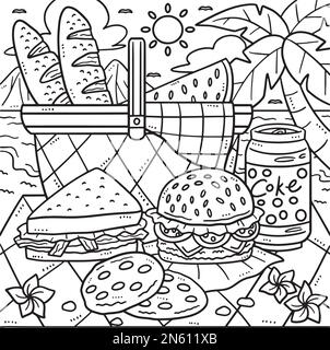 Summer picnic food by the shore coloring page stock vector image art