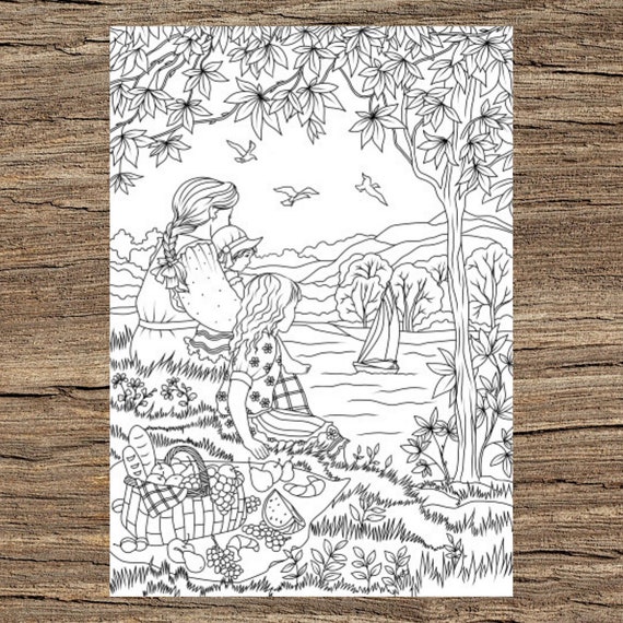Country picnic printable adult coloring page from favoreads coloring book pages for adults and kids coloring sheets coloring designs