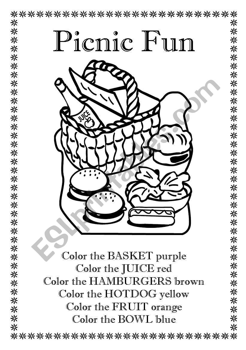 English worksheets picnic coloring