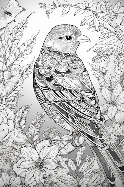 Un dibujo en blanco y negro de un pãjaro con un pico amarillo se sienta en una rama de flor foto premium