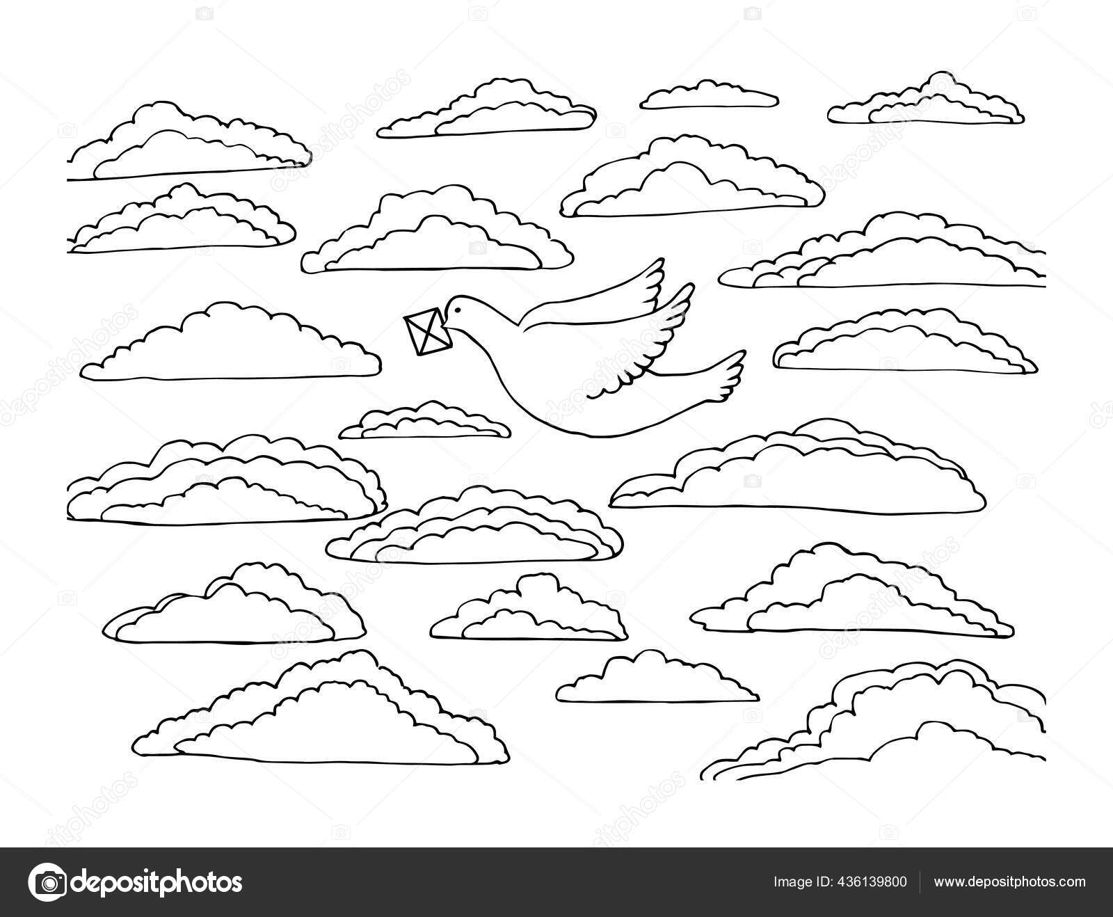 Libro para colorear con un pãjaro una paloma blanca vuela en el cielo con nubes y sostiene una letra en su pico vector de stock por mariabelyakova