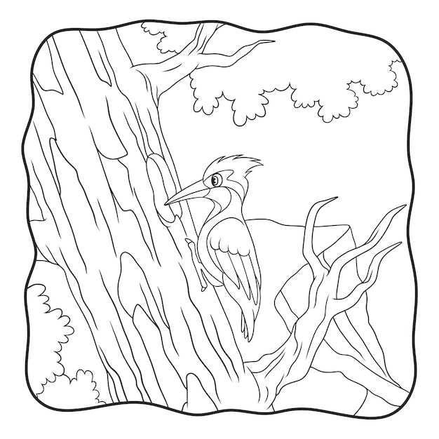 Ilustraciãn de dibujos animados pãjaro carpintero picotea un libro de tronco de ãrbol grande o una pãgina para niãos en blanco y negro vector premium