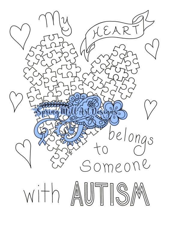 Autism coloring page my heart belongs to someone with autism puzzle heart hand lettered