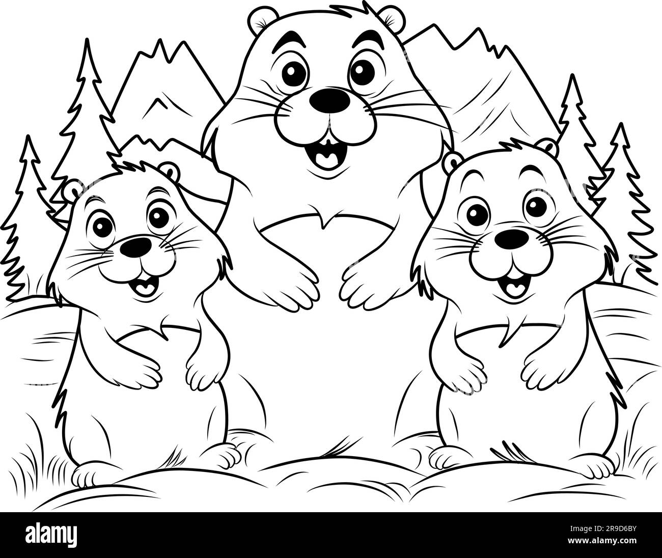 Groundhog day coloring page coloring book family of beavers on the background of nature stock vector image art